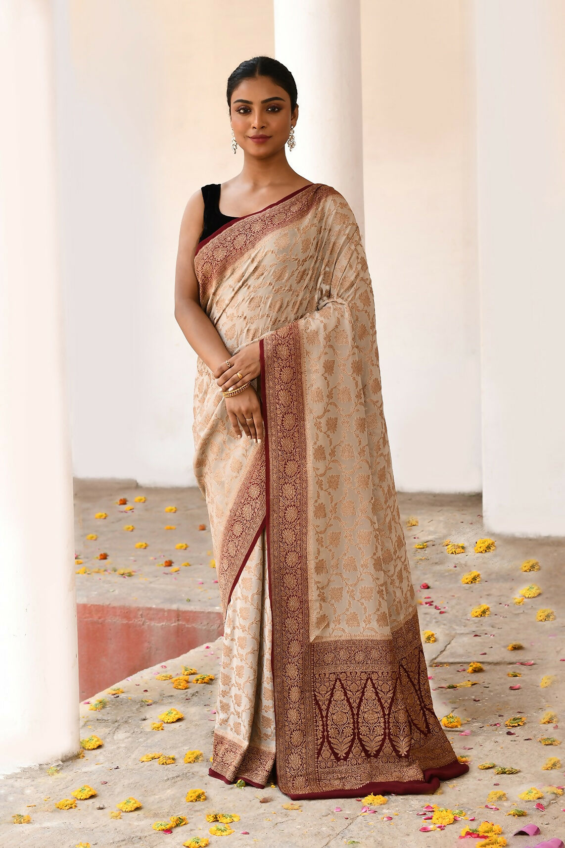 Joban Fashion Crème Crepe Chiffon Pure Handloom Banarasi Silk Saree | Grocsy