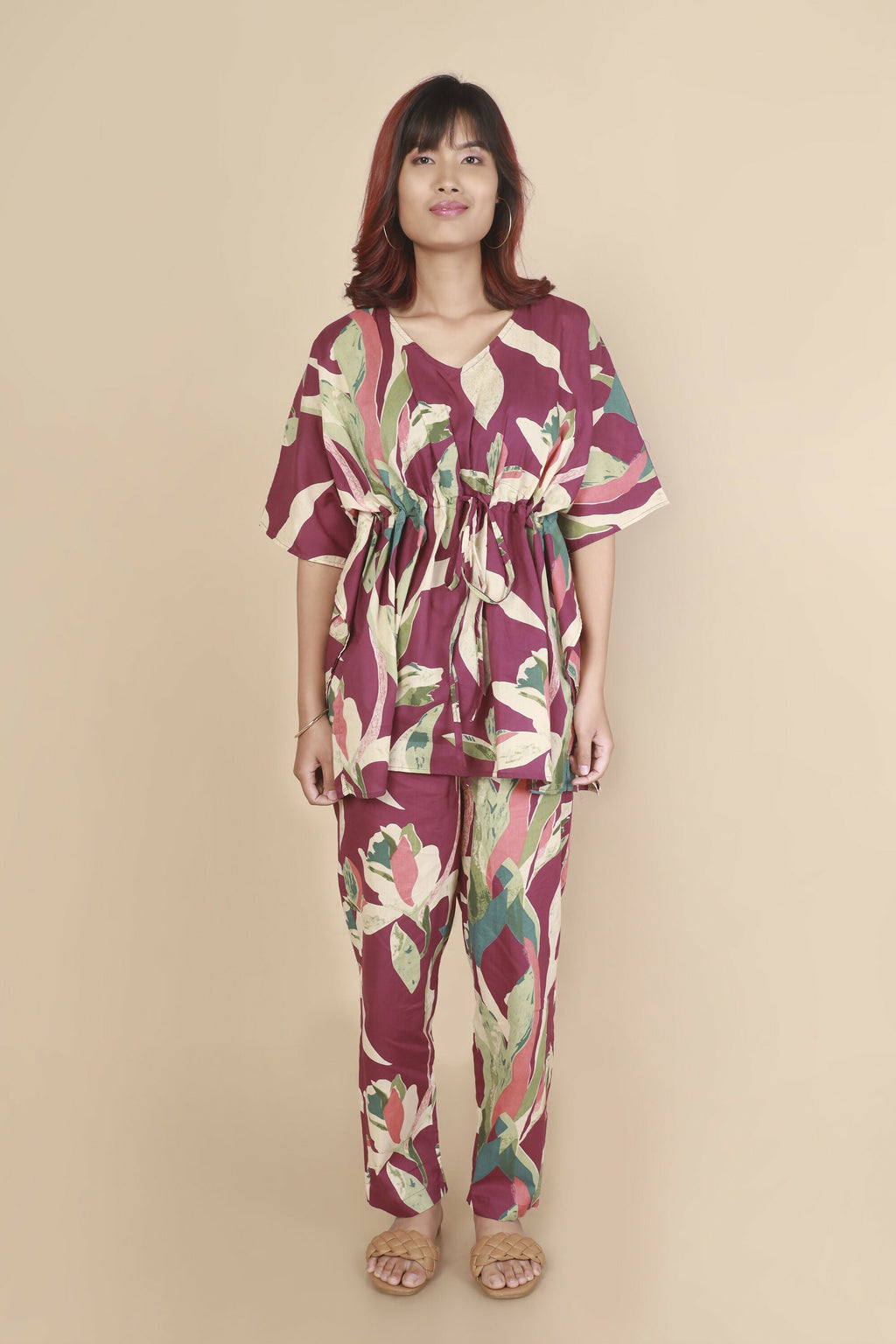 Breathables Women’S Loungewear Kaftan Cotton Wine Abstract Print Co-Ord Set | Grocsy