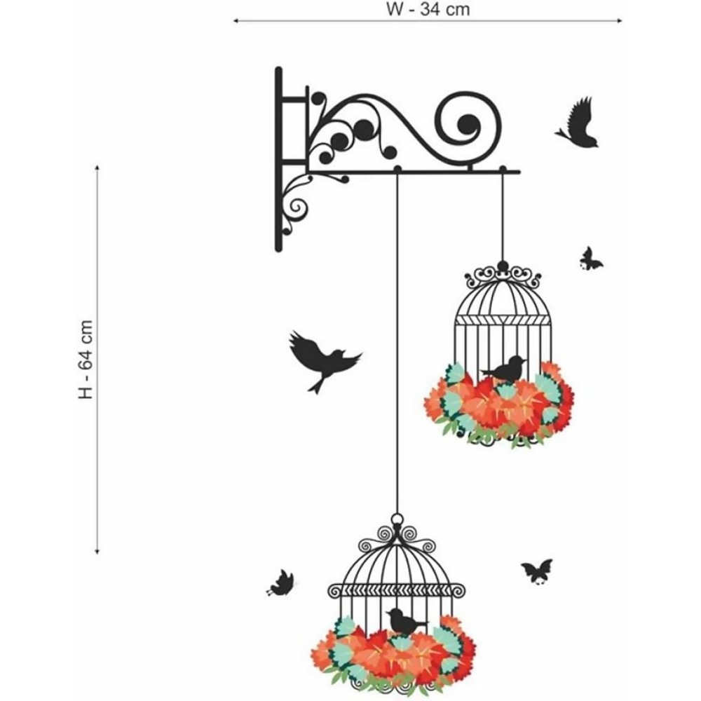 Decals Design 'Hanging Birds Cage with Flowers' Wall Sticker (PVC Vinyl, 50 cm x 70 cm) | Grocsy