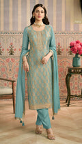 Anaita Sky Blue Viscose Lotus Shimmer Stitched Suit with Jacquard Work | Grocsy