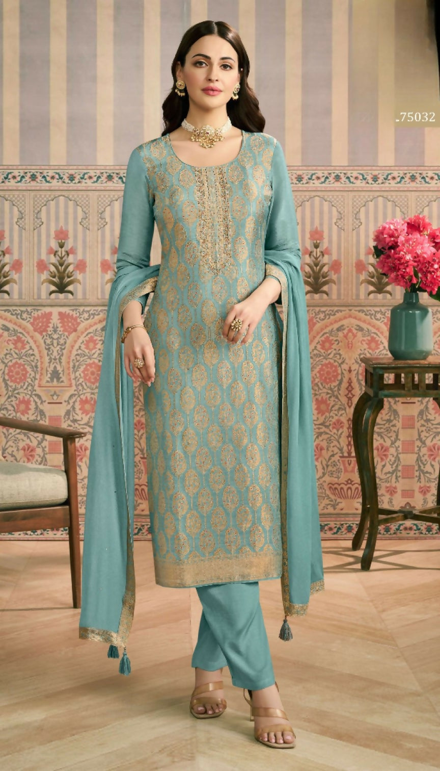 Anaita Sky Blue Viscose Lotus Shimmer Stitched Suit with Jacquard Work | Grocsy