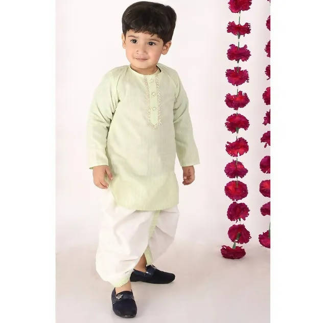 Little Bansi Boys Green and Cream Color Golden Striped Kurta and Dhoti | Grocsy