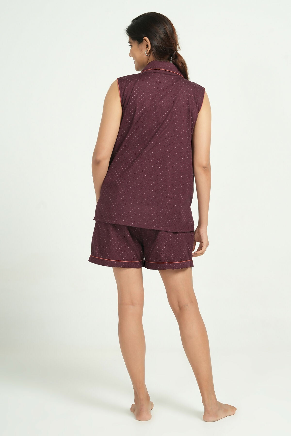 Breathables Women Cotton Night Suit Shirt And Shorts Co-Ord Set Maroon I Nightwear | Loungewear Set | Grocsy