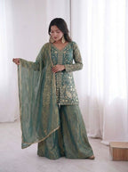 Teeya Creation Teal Color Fendy Silk Embroidery Work Wedding Wear Salwar Suit | Grocsy
