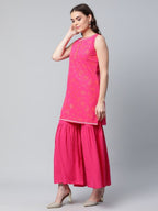 Ahalyaa Pink Crepe Orange khari Print Kurta Sharara Set With Dupatta | Grocsy