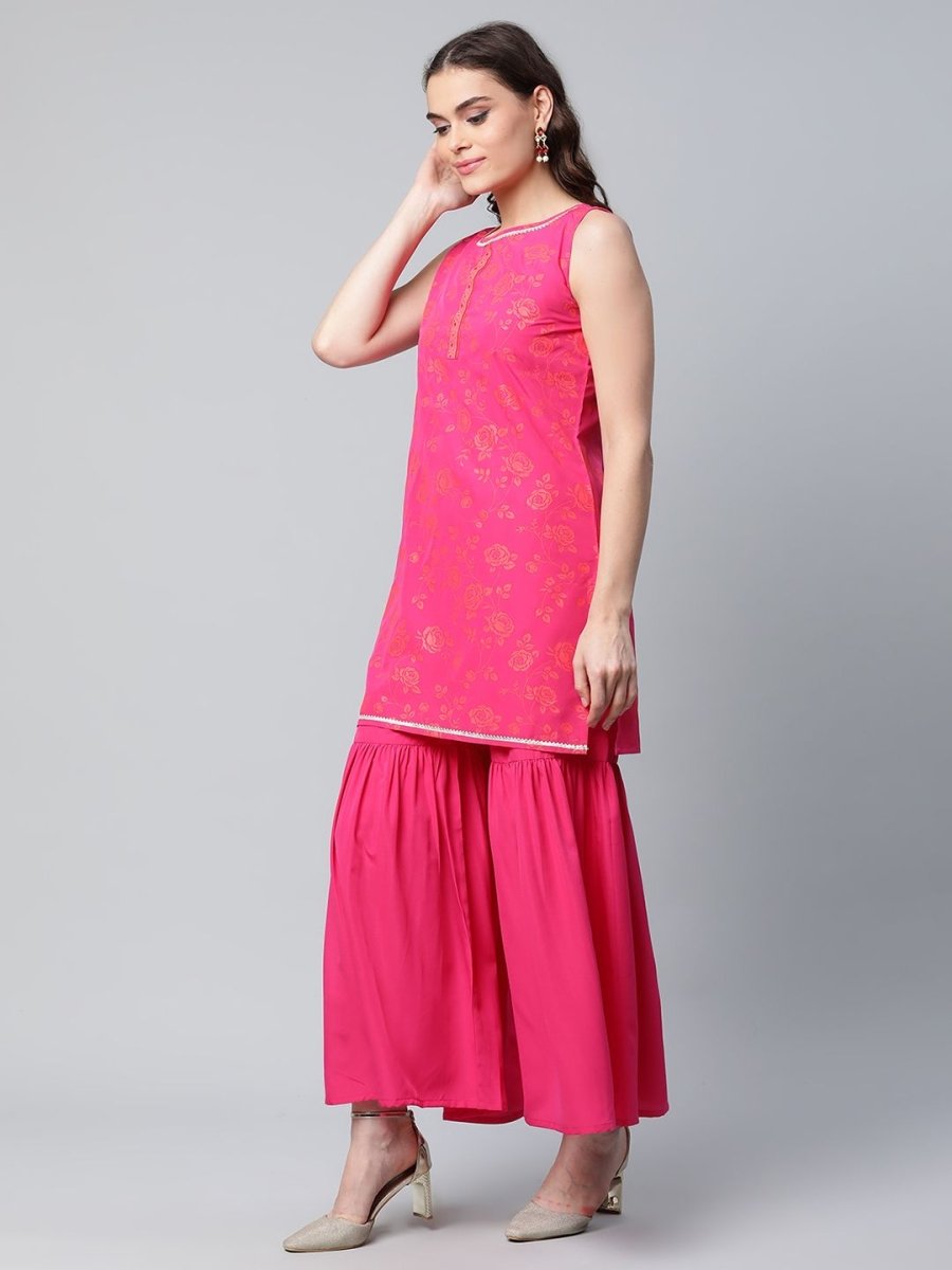 Ahalyaa Pink Crepe Orange khari Print Kurta Sharara Set With Dupatta | Grocsy
