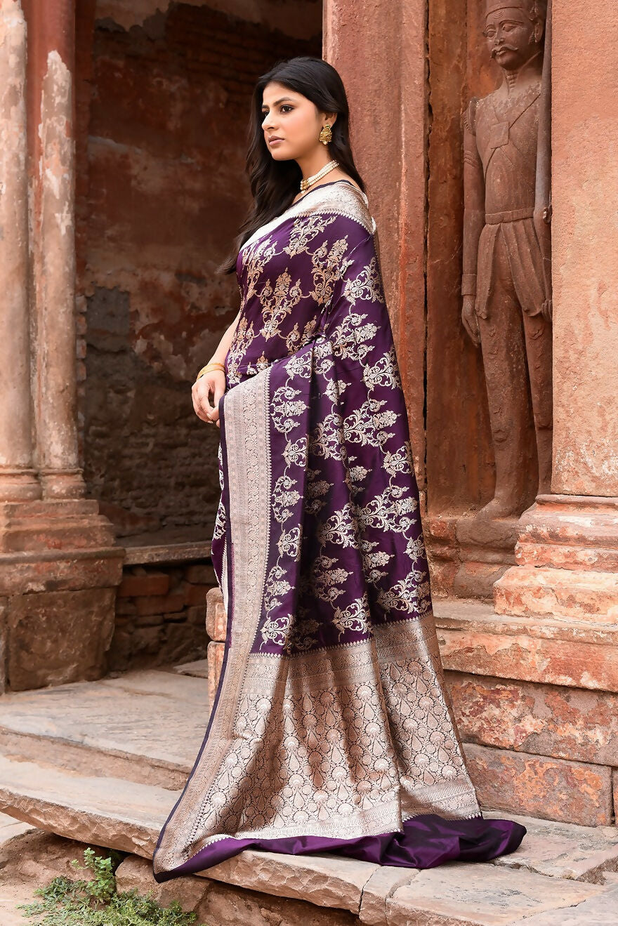 Joban Fashion Purple Pure Katan Pure Handloom Banarasi Silk Saree | Grocsy