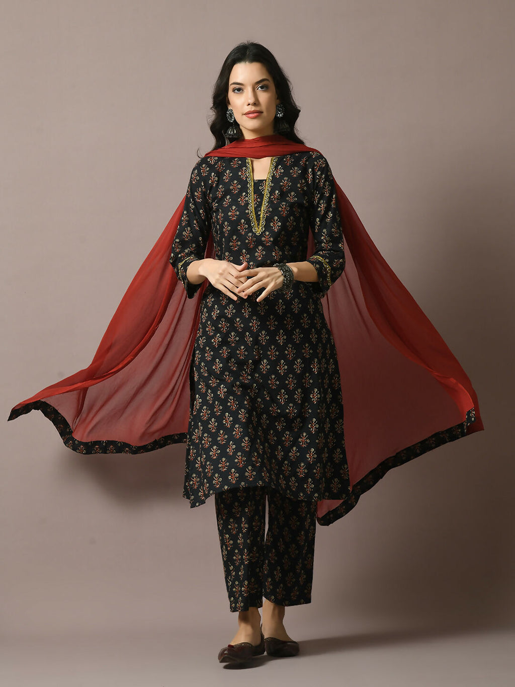 Myshka Women's Black Printed Cotton Straight Party Kurta Set With Dupatta | Grocsy