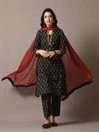 Myshka Women's Black Printed Cotton Straight Party Kurta Set With Dupatta | Grocsy