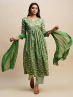 Green Pure Cotton Floral Printed Naira Cut Kurta And Bottom With Dupatta - Akashara | Grocsy