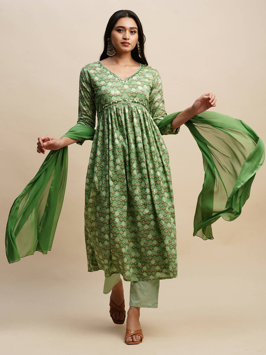 Green Pure Cotton Floral Printed Naira Cut Kurta And Bottom With Dupatta - Akashara | Grocsy
