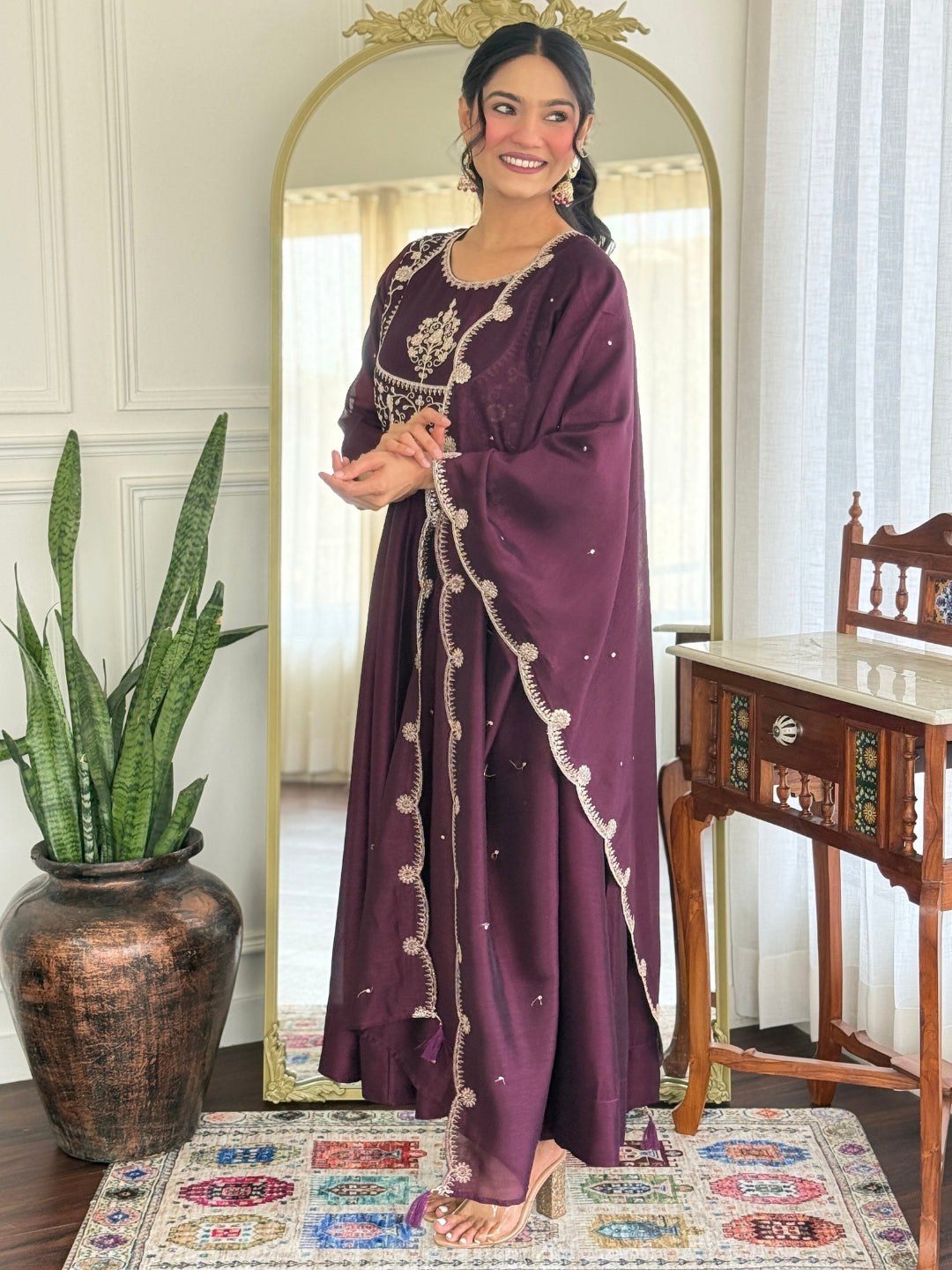 The52 Women Beautiful Vichitra Silk Fabric Flared Kurta, Pant and Dupatta Set | Grocsy