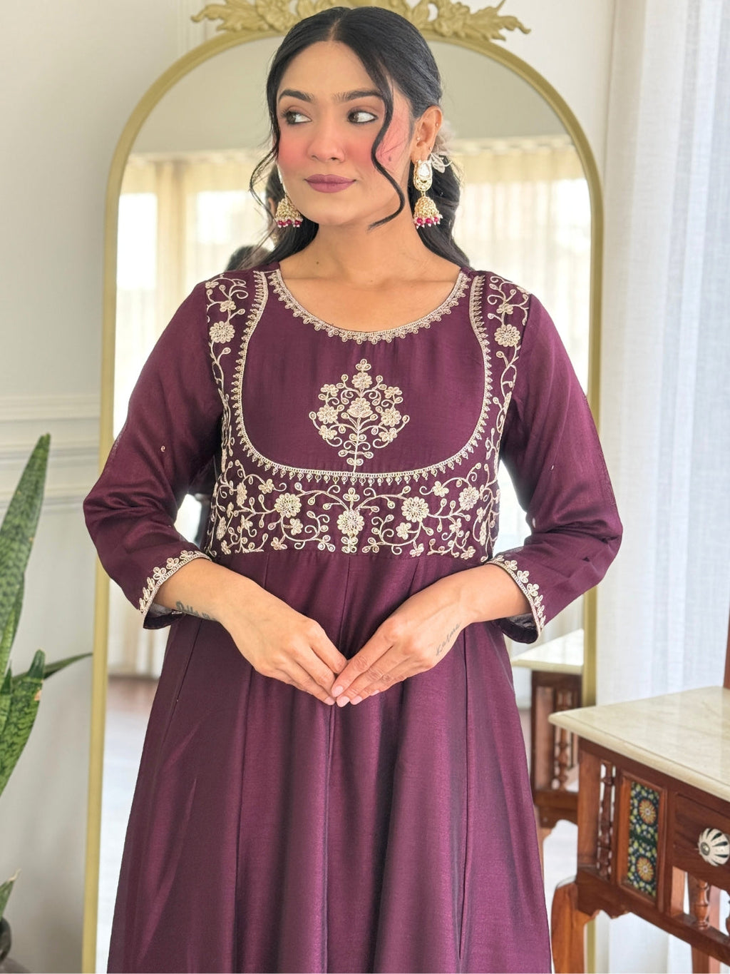 The52 Women Beautiful Vichitra Silk Fabric Flared Kurta, Pant and Dupatta Set | Grocsy