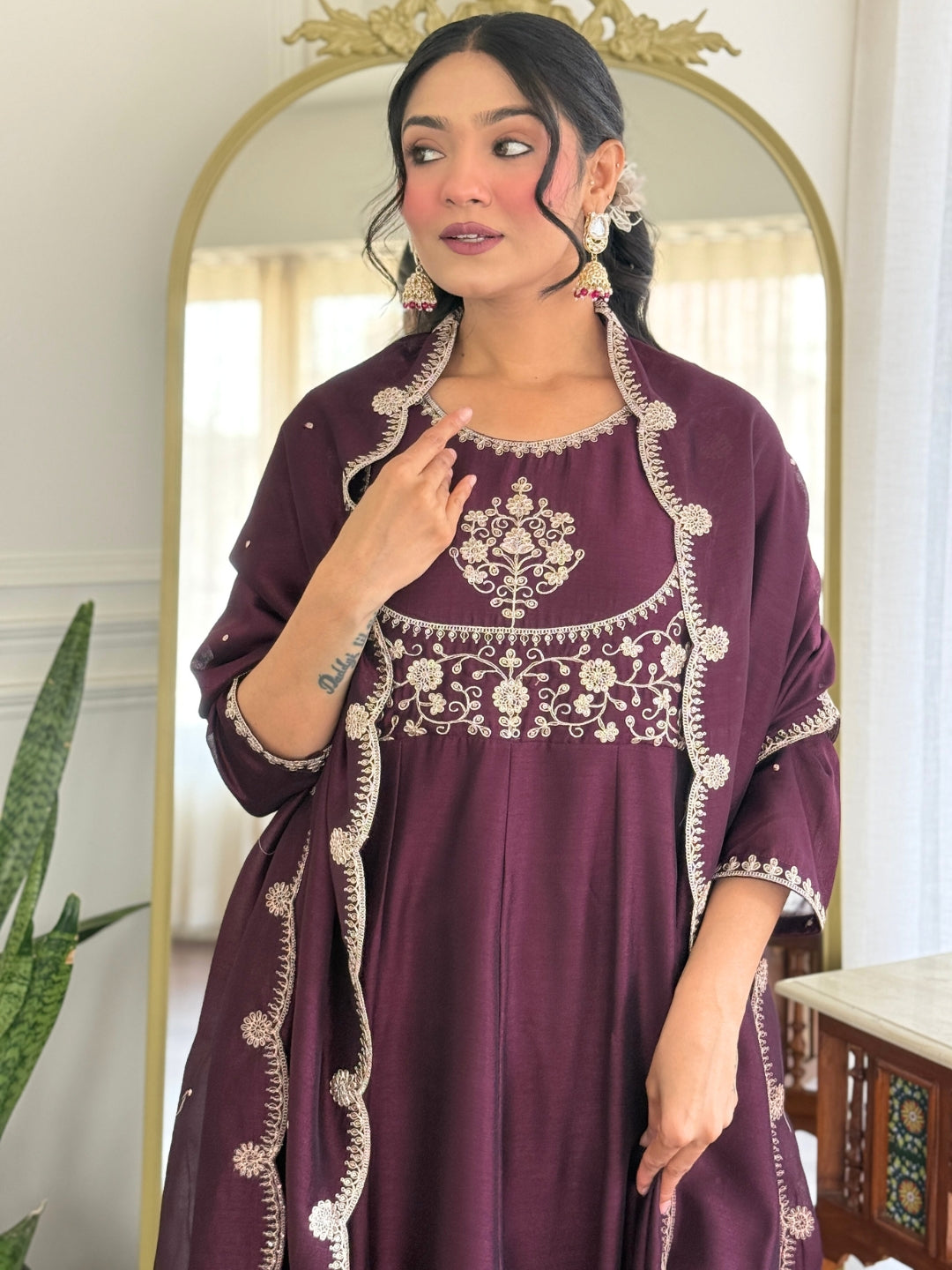 The52 Women Beautiful Vichitra Silk Fabric Flared Kurta, Pant and Dupatta Set | Grocsy