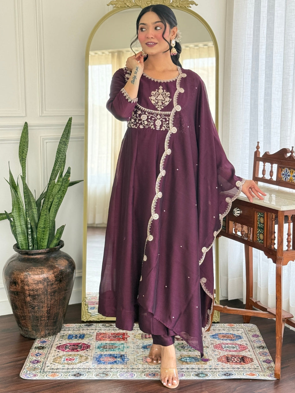 The52 Women Beautiful Vichitra Silk Fabric Flared Kurta, Pant and Dupatta Set | Grocsy