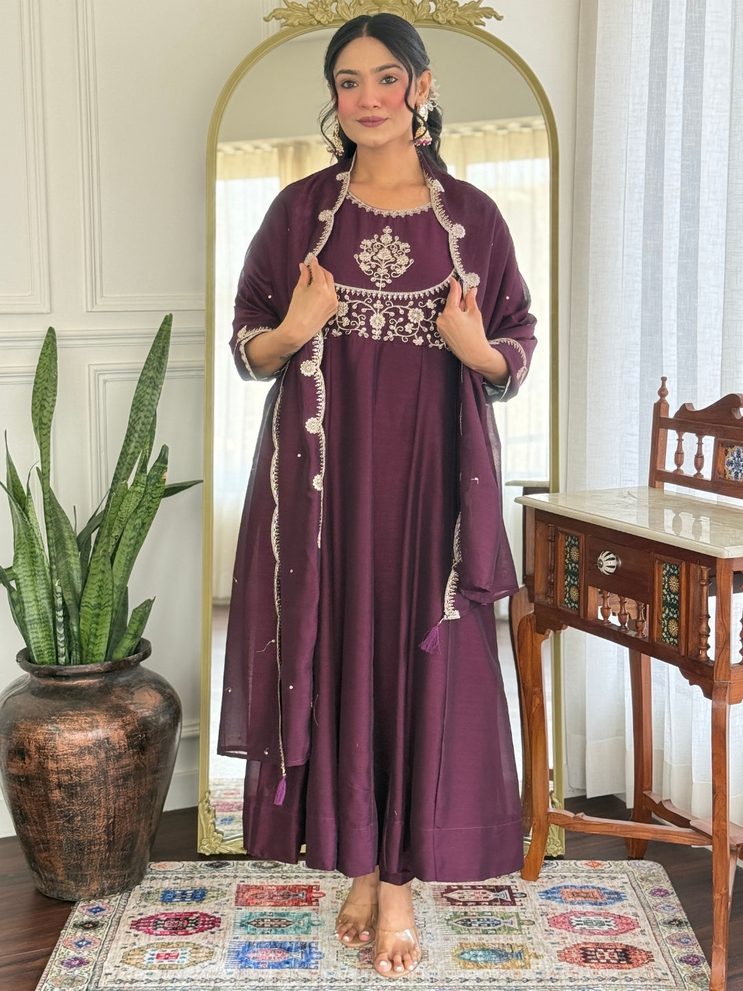 The52 Women Beautiful Vichitra Silk Fabric Flared Kurta, Pant and Dupatta Set | Grocsy