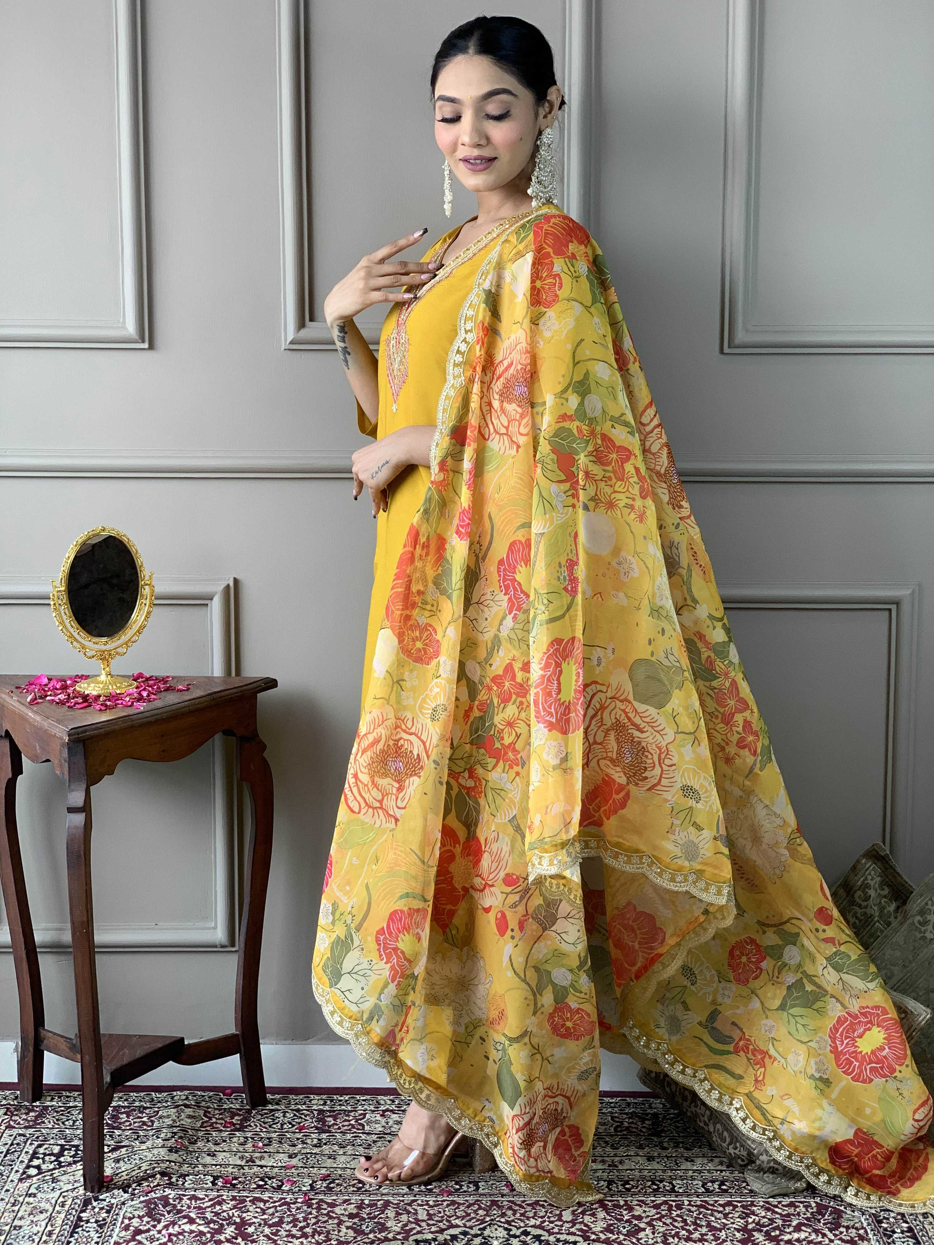 The52 Women's Mustard Chanderi Embroidered Straight Kurta, Pant and Dupatta Set | Grocsy