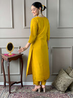 The52 Women's Mustard Chanderi Embroidered Straight Kurta, Pant and Dupatta Set | Grocsy