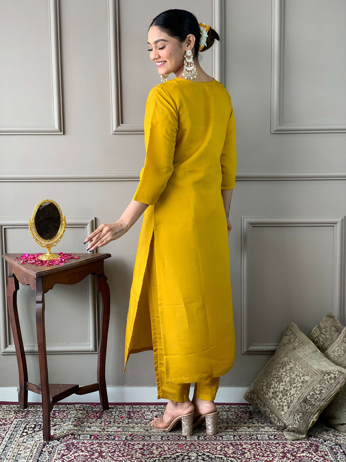 The52 Women's Mustard Chanderi Embroidered Straight Kurta, Pant and Dupatta Set | Grocsy