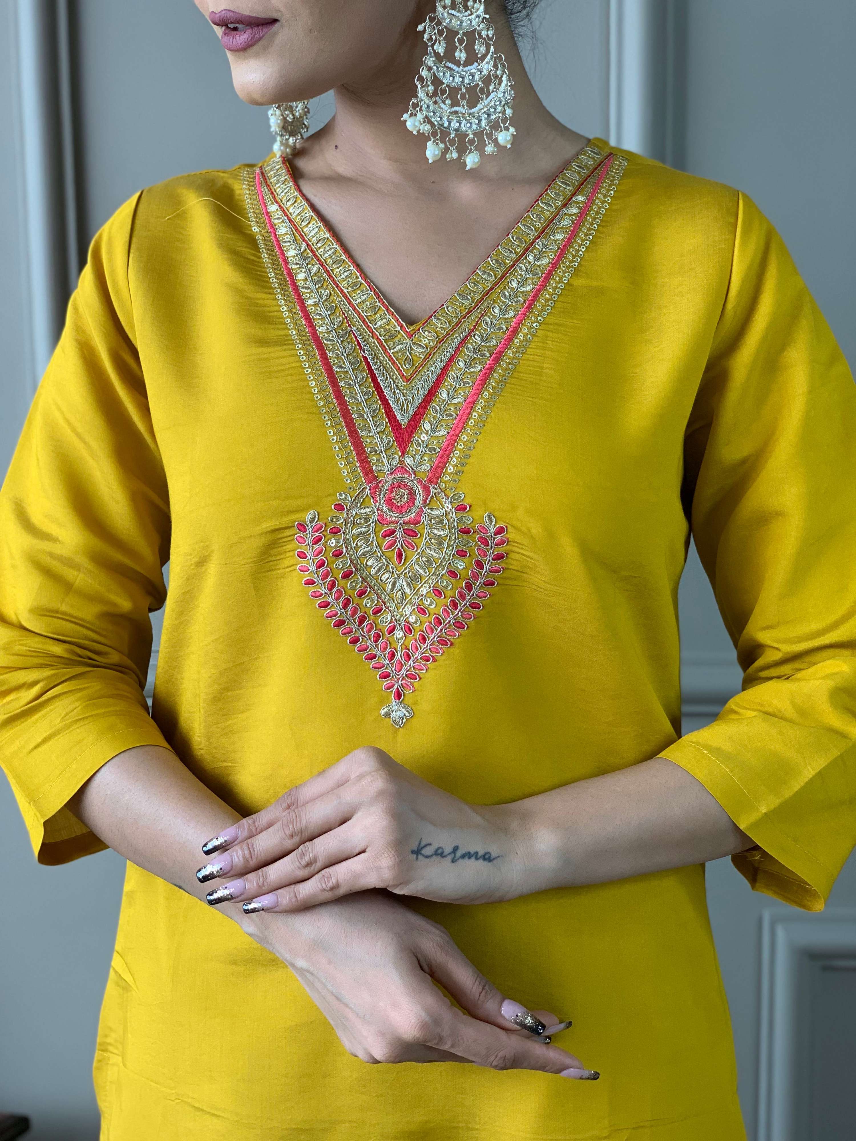 The52 Women's Mustard Chanderi Embroidered Straight Kurta, Pant and Dupatta Set | Grocsy