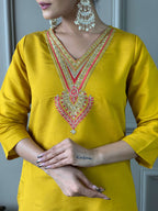 The52 Women's Mustard Chanderi Embroidered Straight Kurta, Pant and Dupatta Set | Grocsy