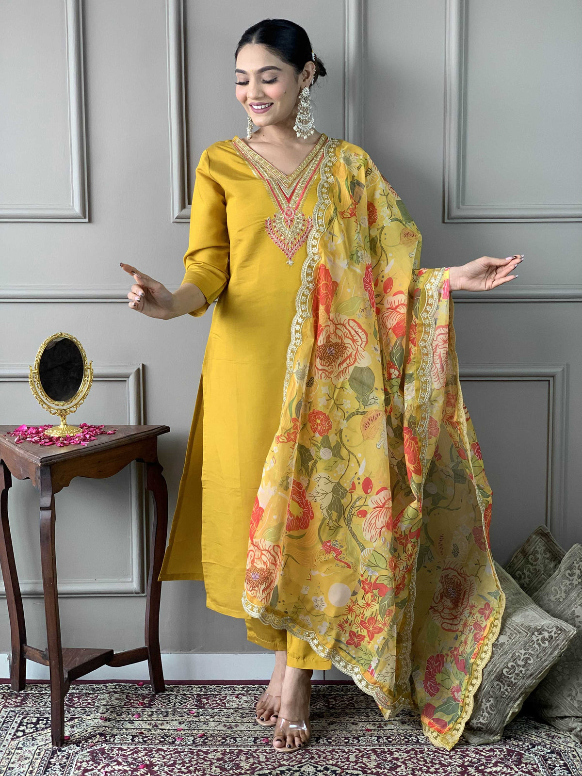 The52 Women's Mustard Chanderi Embroidered Straight Kurta, Pant and Dupatta Set | Grocsy