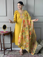 The52 Women's Mustard Chanderi Embroidered Straight Kurta, Pant and Dupatta Set | Grocsy