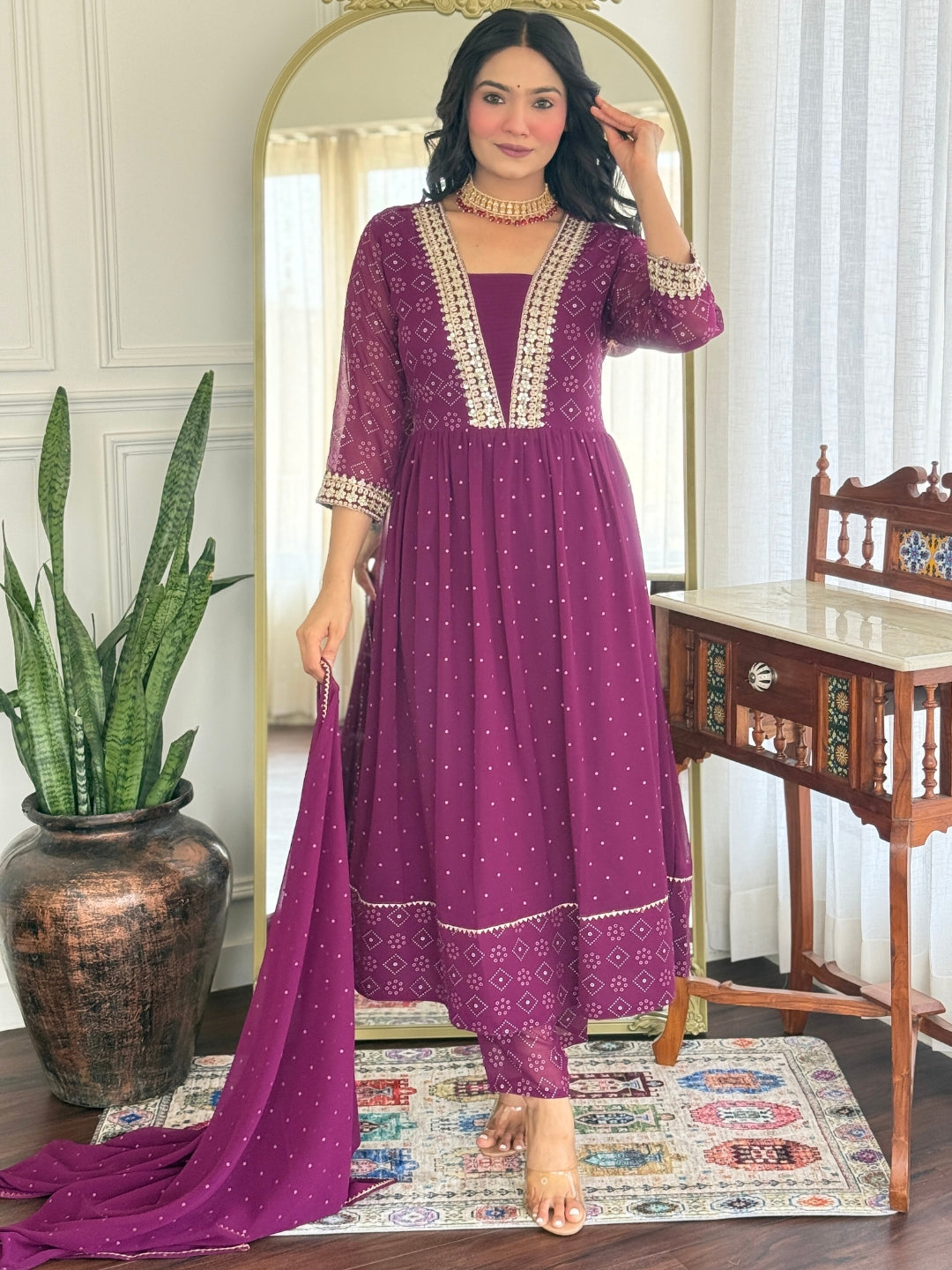 The52 Women Beautiful Georgette Fabric Angrakha Kurta, Pant and Dupatta Set | Grocsy
