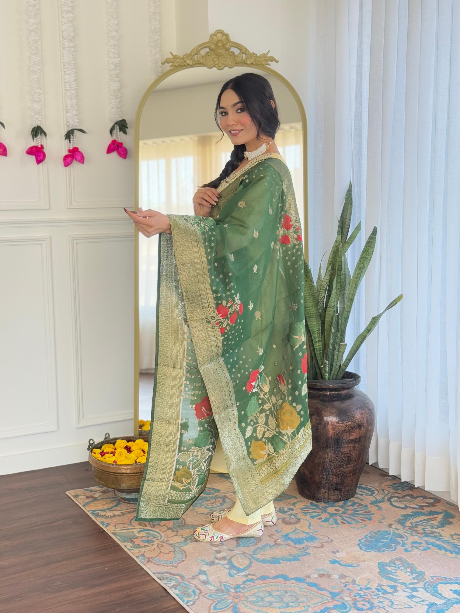 The52 Yellow Women's Viscose Chanderi Fabric Straight Kurta, Pant and Dupatta Set | Grocsy