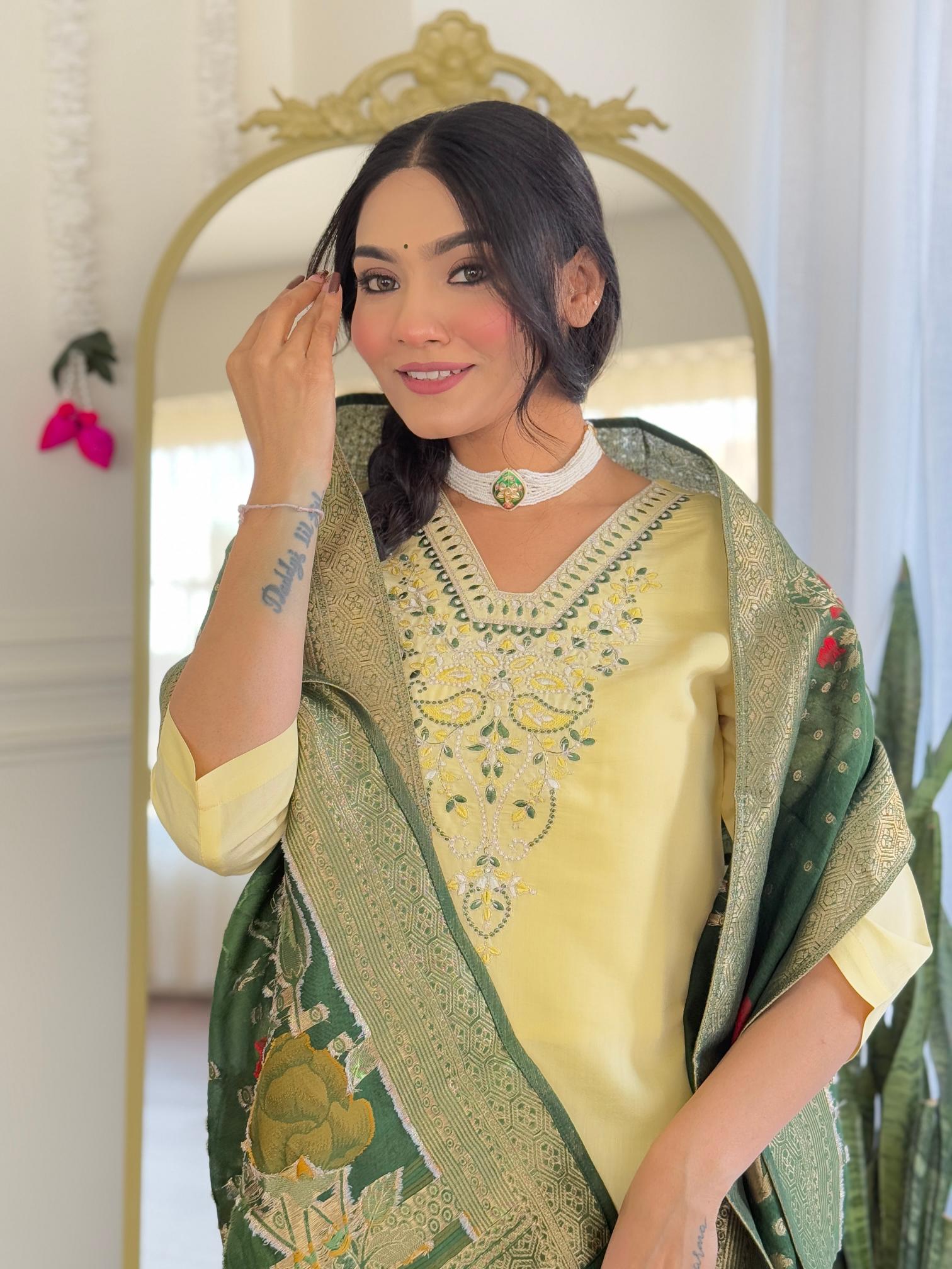 The52 Yellow Women's Viscose Chanderi Fabric Straight Kurta, Pant and Dupatta Set | Grocsy