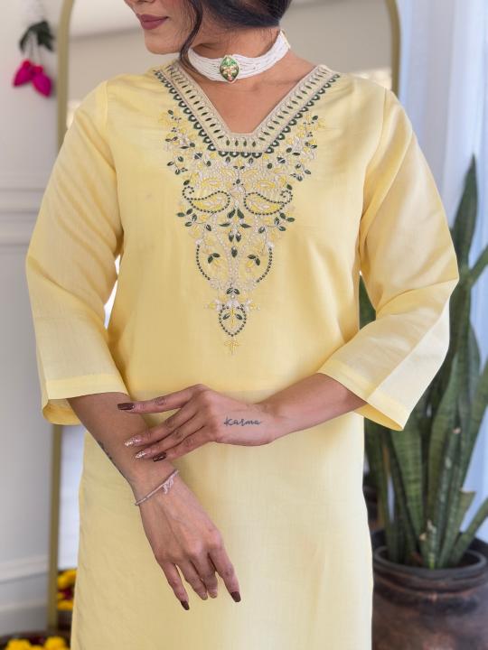 The52 Yellow Women's Viscose Chanderi Fabric Straight Kurta, Pant and Dupatta Set | Grocsy