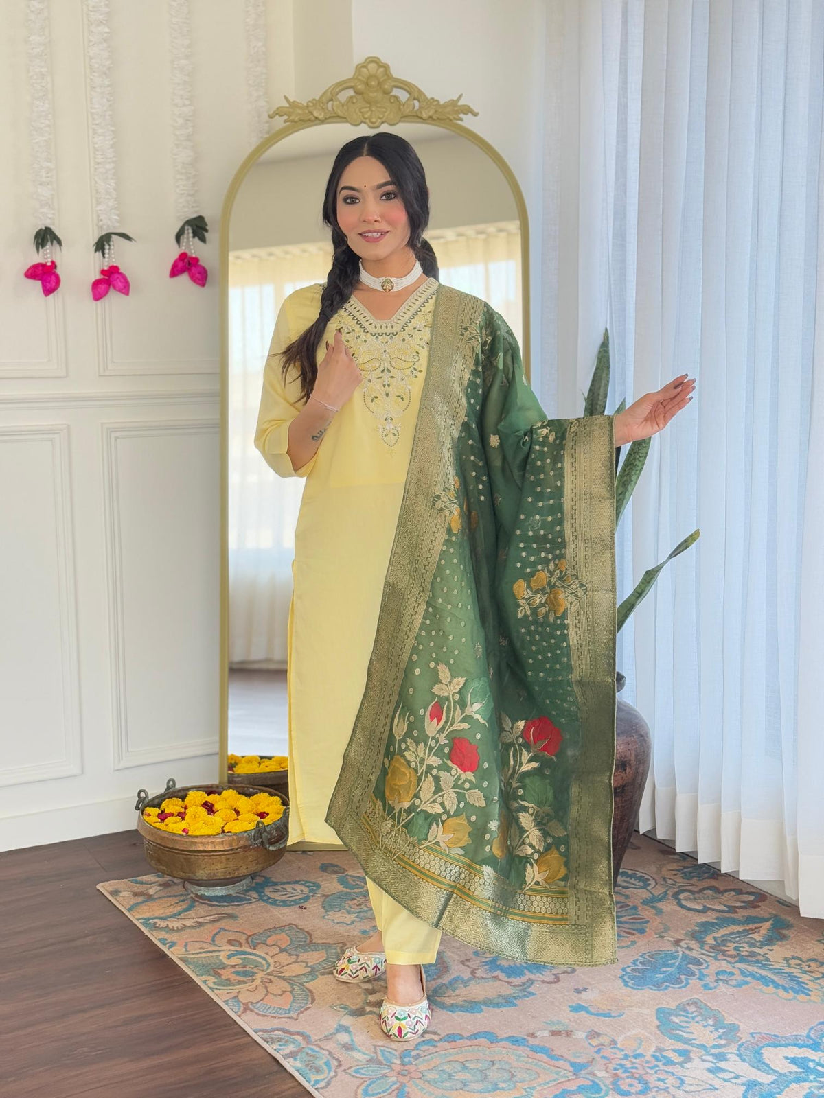 The52 Yellow Women's Viscose Chanderi Fabric Straight Kurta, Pant and Dupatta Set | Grocsy