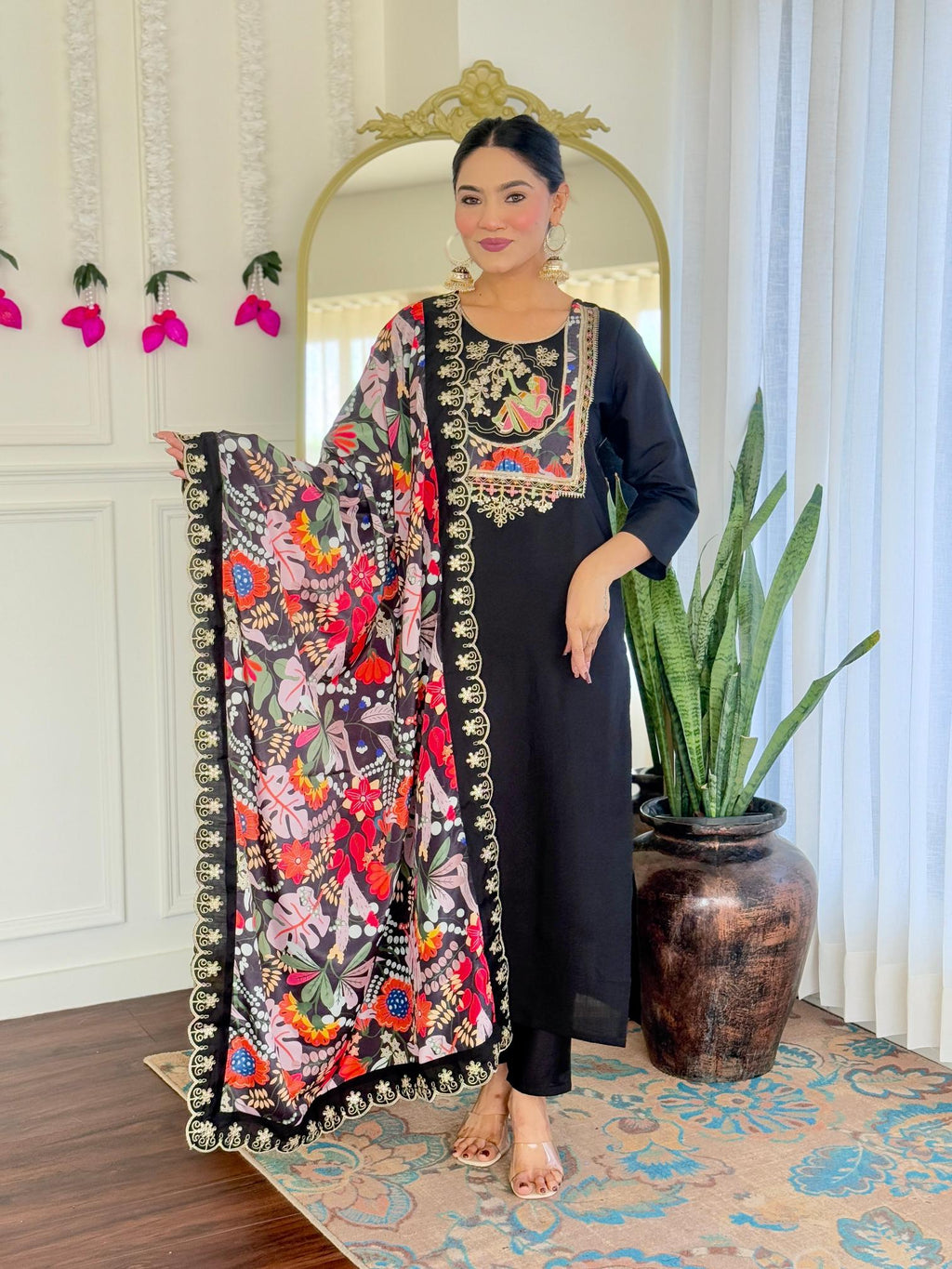 The52 Women's Viscose Chanderi Fabric Straight Kurta, Pant and Dupatta Set | Grocsy