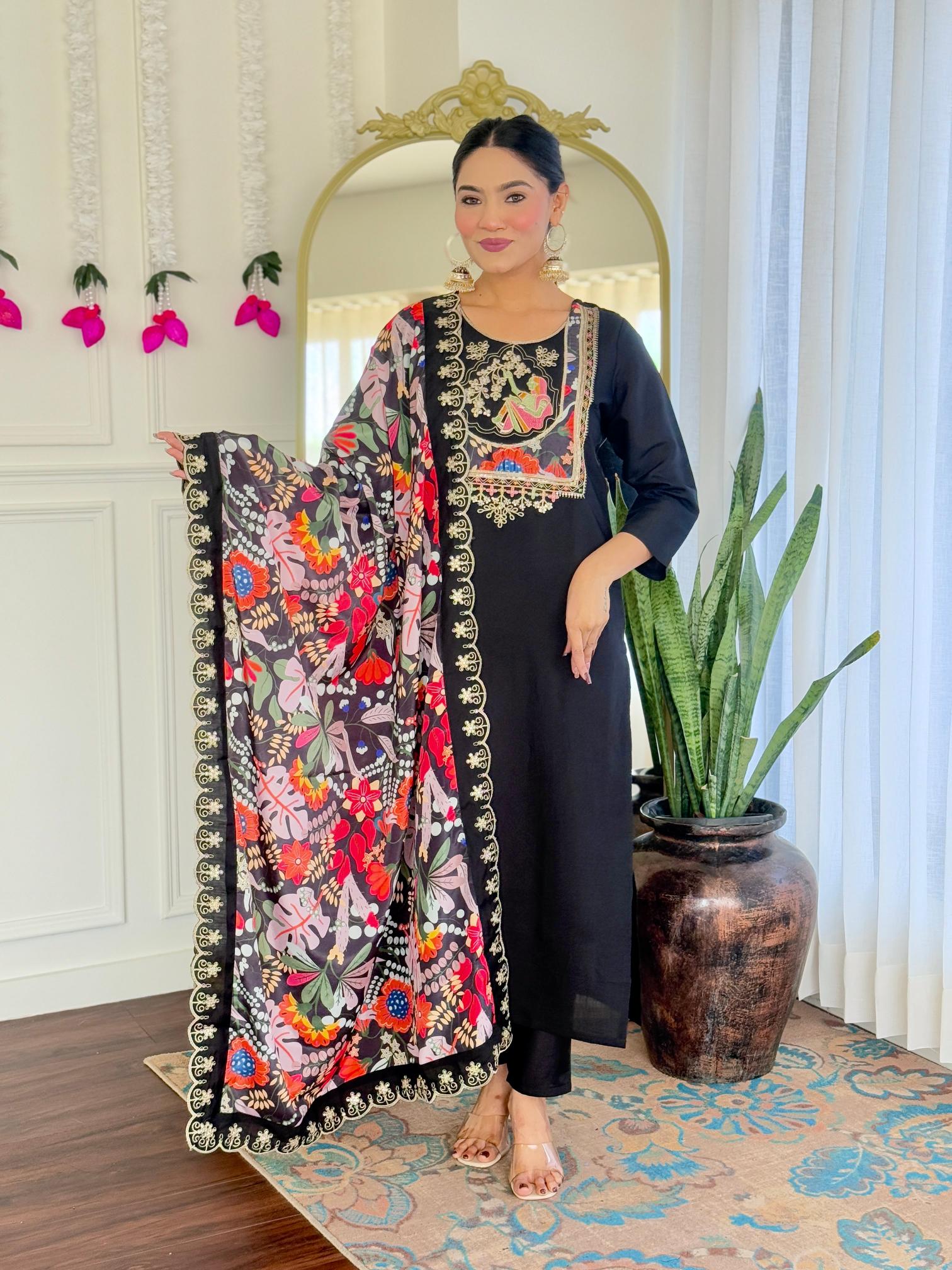The52 Women's Viscose Chanderi Fabric Straight Kurta, Pant and Dupatta Set | Grocsy