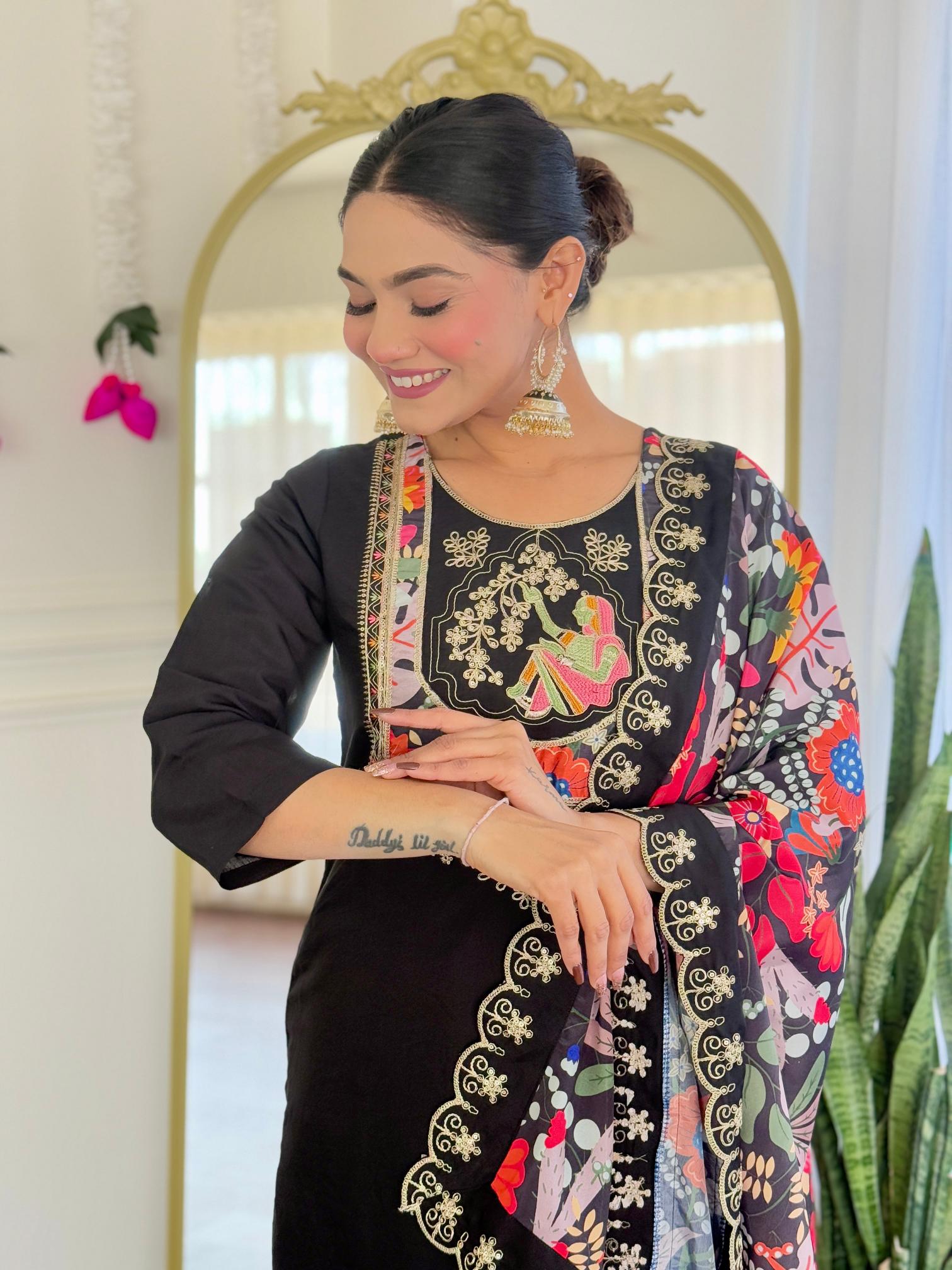 The52 Women's Viscose Chanderi Fabric Straight Kurta, Pant and Dupatta Set | Grocsy
