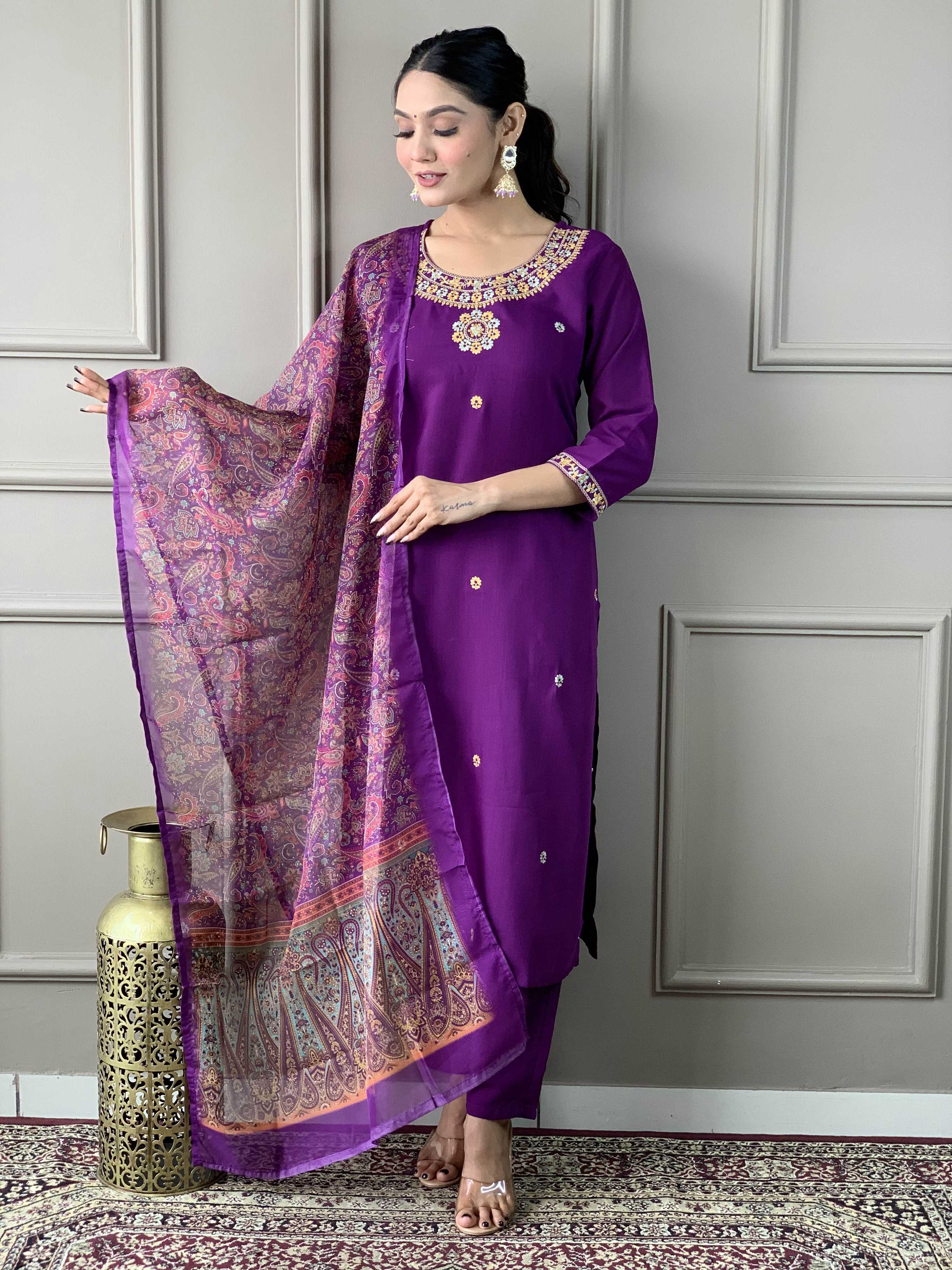 The52 Women's Wine Rayon Slub Embroidered Straight Kurta, Pant and Dupatta Set | Grocsy
