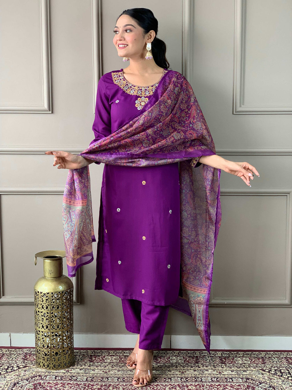 The52 Women's Wine Rayon Slub Embroidered Straight Kurta, Pant and Dupatta Set | Grocsy