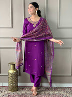 The52 Women's Wine Rayon Slub Embroidered Straight Kurta, Pant and Dupatta Set | Grocsy
