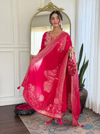 The52 Women Gorgeous Roman Silk Fabric Straight Kurta, Pant and Dupatta Set | Grocsy