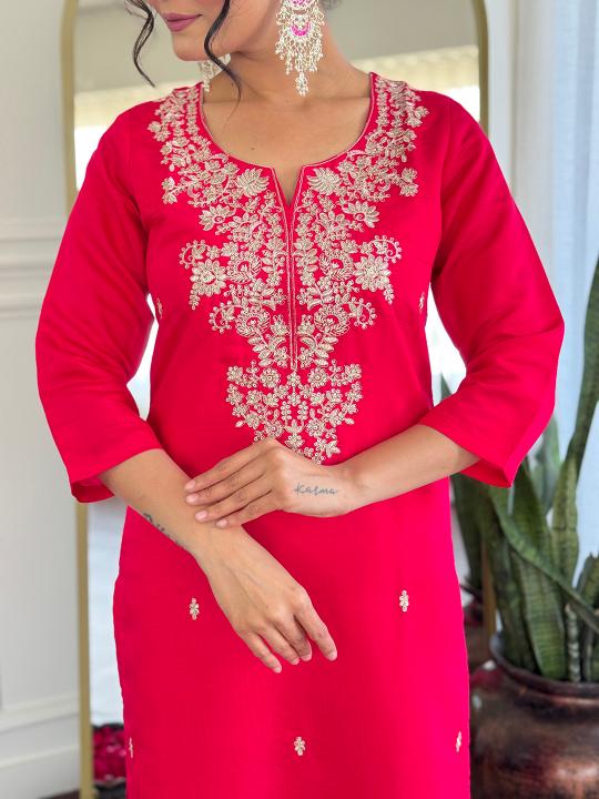 The52 Women Gorgeous Roman Silk Fabric Straight Kurta, Pant and Dupatta Set | Grocsy