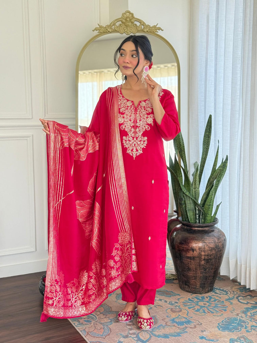 The52 Women Gorgeous Roman Silk Fabric Straight Kurta, Pant and Dupatta Set | Grocsy