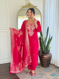 The52 Women Gorgeous Roman Silk Fabric Straight Kurta, Pant and Dupatta Set | Grocsy