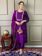 The52 Violet Rayon Slub Fabric Embroidered work Straight cut Kurta, Pant and Dupatta Set | Grocsy