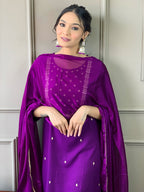 The52 Violet Rayon Slub Fabric Embroidered work Straight cut Kurta, Pant and Dupatta Set | Grocsy