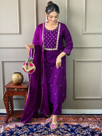 The52 Violet Rayon Slub Fabric Embroidered work Straight cut Kurta, Pant and Dupatta Set | Grocsy