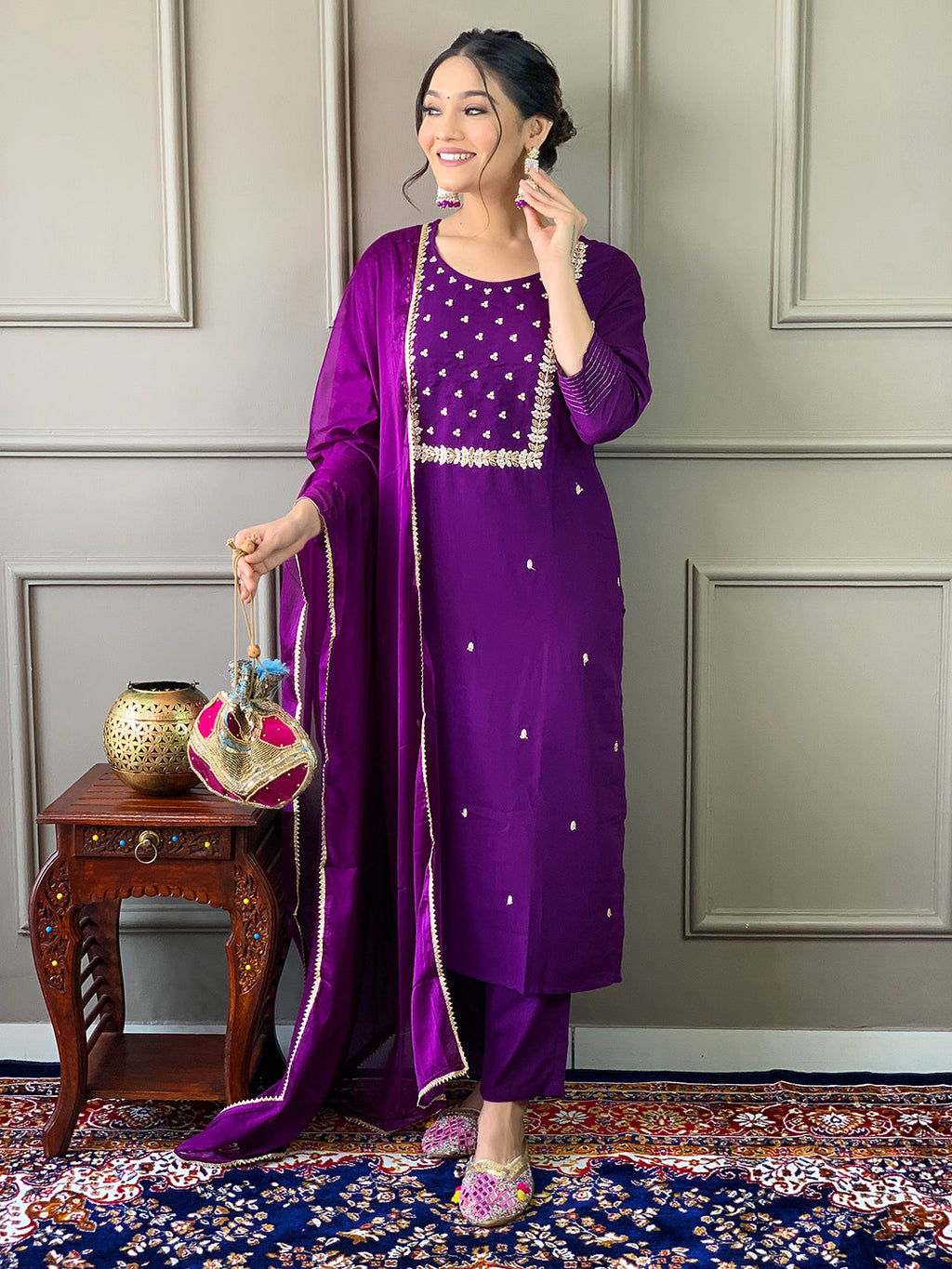 The52 Violet Rayon Slub Fabric Embroidered work Straight cut Kurta, Pant and Dupatta Set | Grocsy