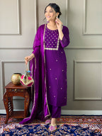 The52 Violet Rayon Slub Fabric Embroidered work Straight cut Kurta, Pant and Dupatta Set | Grocsy