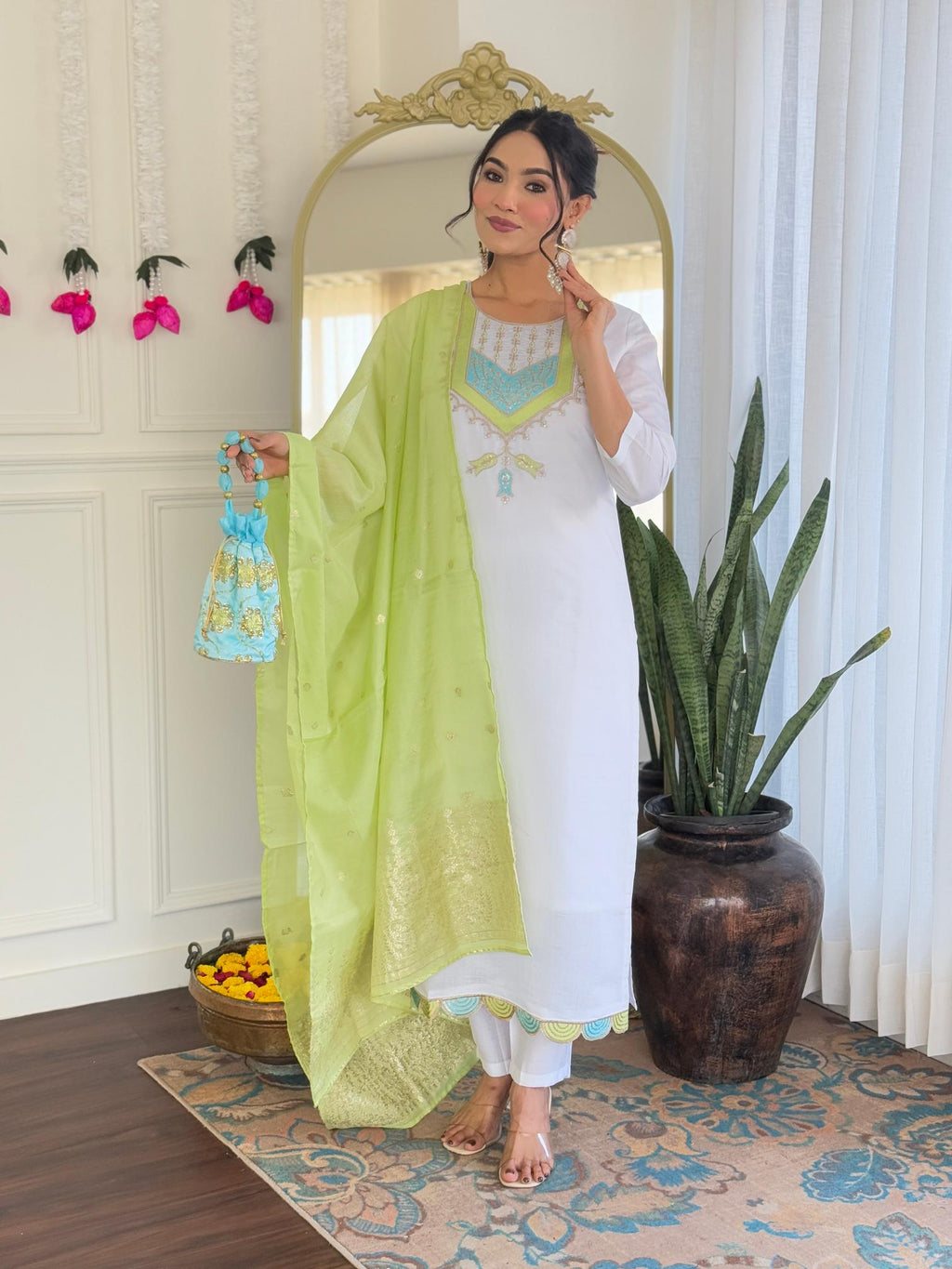 The52 White Women's Viscose Chanderi Fabric Straight Kurta, Pant and Dupatta Set | Grocsy