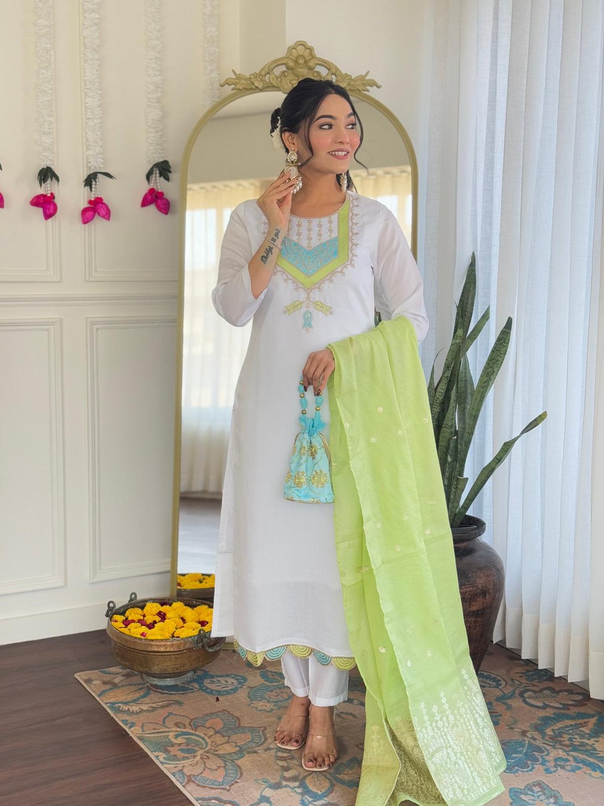 The52 White Women's Viscose Chanderi Fabric Straight Kurta, Pant and Dupatta Set | Grocsy