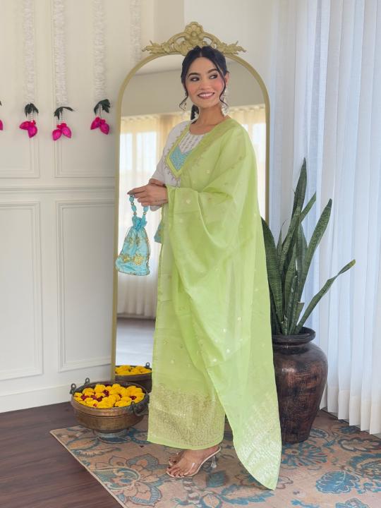 The52 White Women's Viscose Chanderi Fabric Straight Kurta, Pant and Dupatta Set | Grocsy